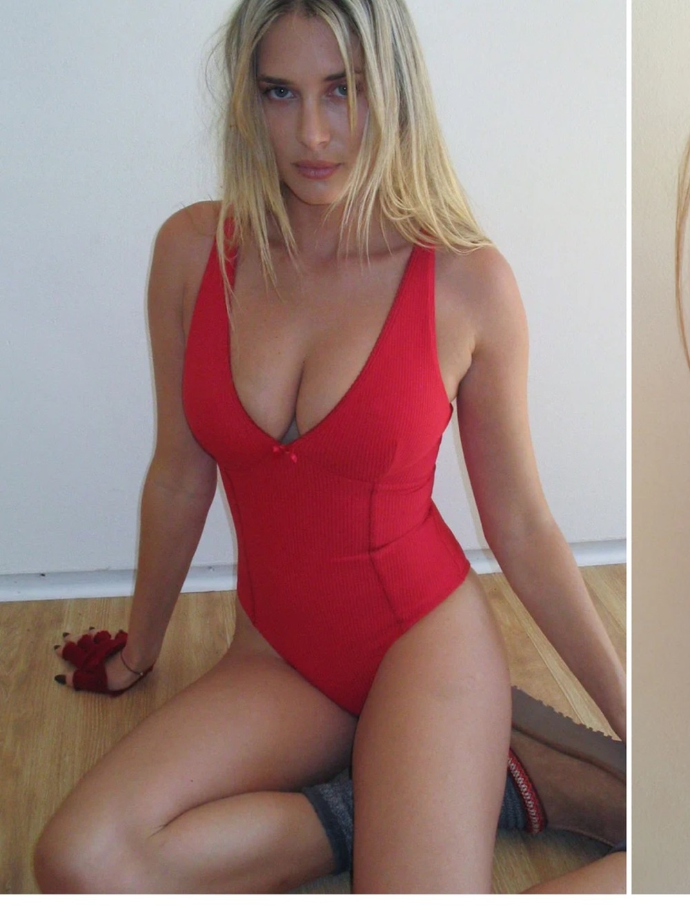 Frankie's Bikinis Red Ribbed V-Neck Bodysuit